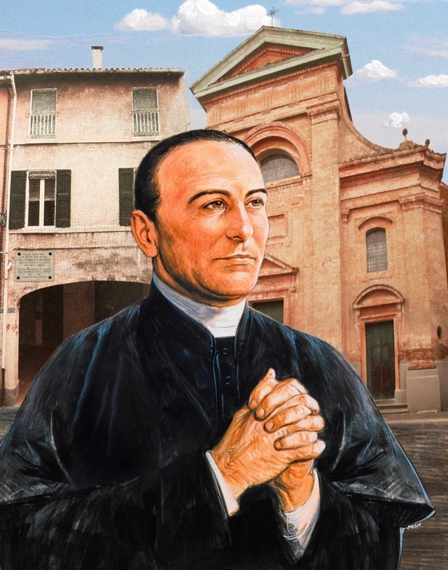 The effigy of the Venerable don Carlo Cavina placed in the Altar of the missionaries in the parish church of San Petronio.